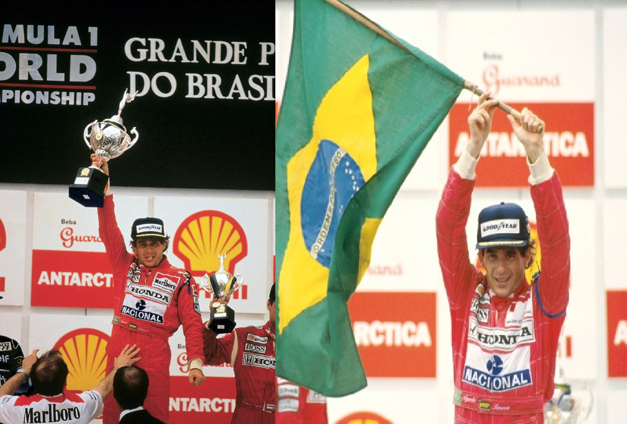 Senna levantando o troféu